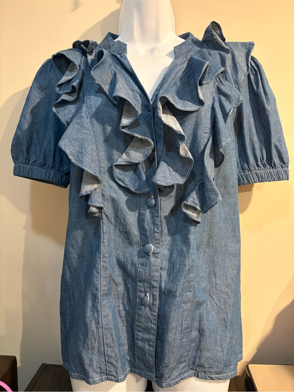 Ruffled Button-Front Denim top- Blue